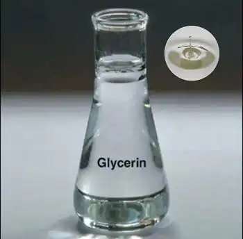 Clear glycerin liquid in a glass laboratory flask used for pharmaceutical and cosmetic formulations.