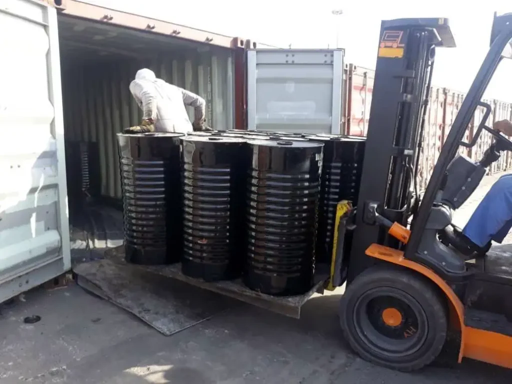 Polymer Modified Bitumen PMB AE1 drums ready for export from Basekim warehouse in Dubai