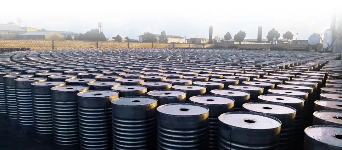 Bitumen 10/20 steel drums arranged in ATDM yard for export.