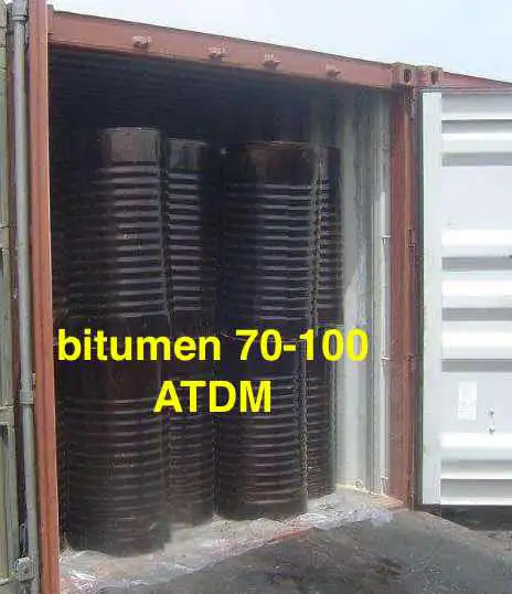 Bitumen 70/100 packed in new steel drums loaded inside a shipping container by ATDM.