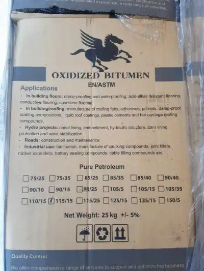 Oxidized Bitumen 75/35 25 kg carton showing product grades and applications by ATDM.