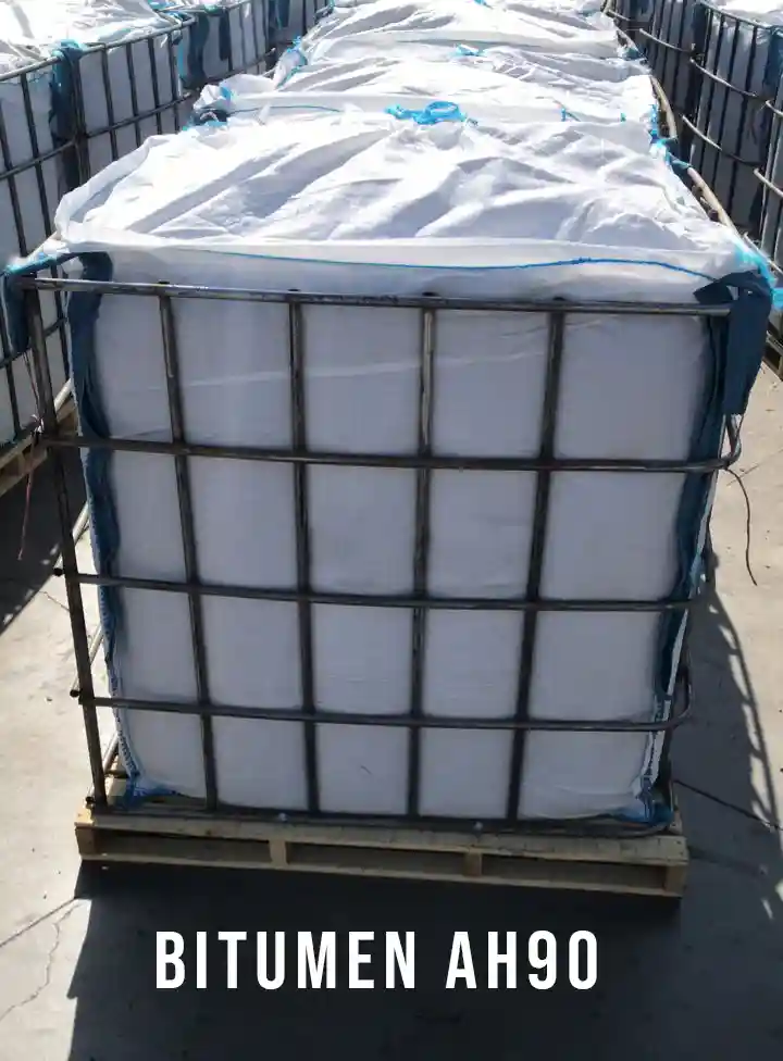 Bitumen AH90 packed in IBC container on wooden pallet ready for export.