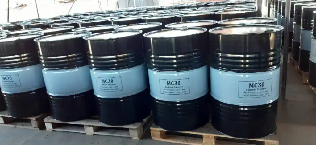 Bitumen MC30 packed in new steel drums arranged on pallets for export by ATDM.