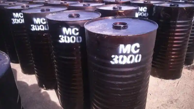 Bitumen MC3000 packed in new black steel drums ready for export by ATDM.