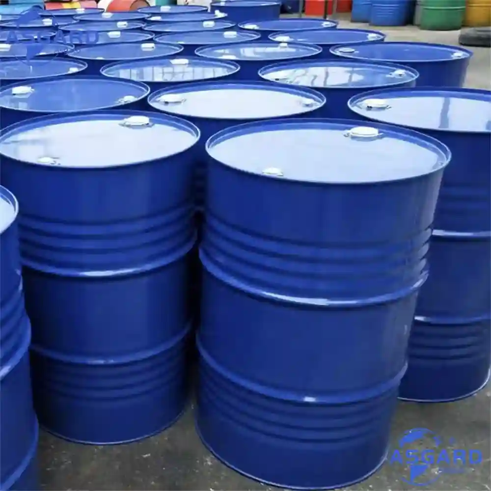 Blue steel drums filled with liquid paraffin wax for industrial packaging and export.