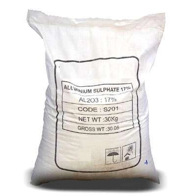 Aluminium sulphate 17% packed in 30 kg white industrial bag ready for export by ATDM.