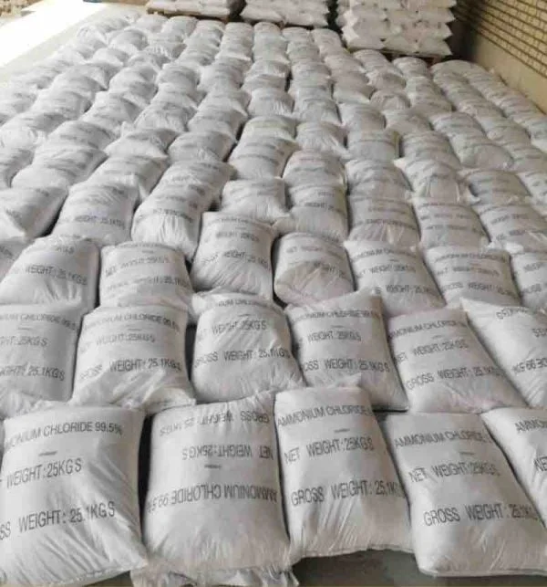Ammonium Chloride 99.5% white crystalline powder packed in 25 kg bags ready for export and industrial use.