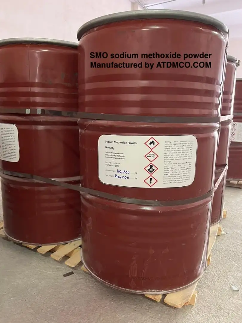Sodium Methoxide Powder (NaOCH₃) packed in red steel drums for export by ATDM.